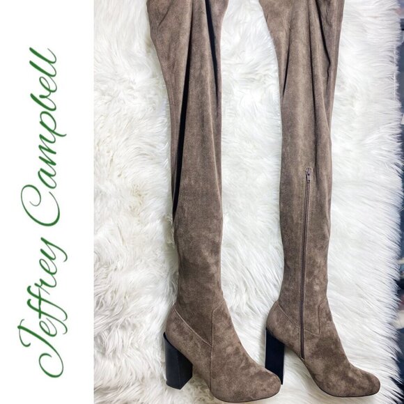 NWT JEFFREY CAMPBELL Perouze Over-The-Knee Faux Suede Block Heel Boots Taupe 8.5 - Picture 4 of 16